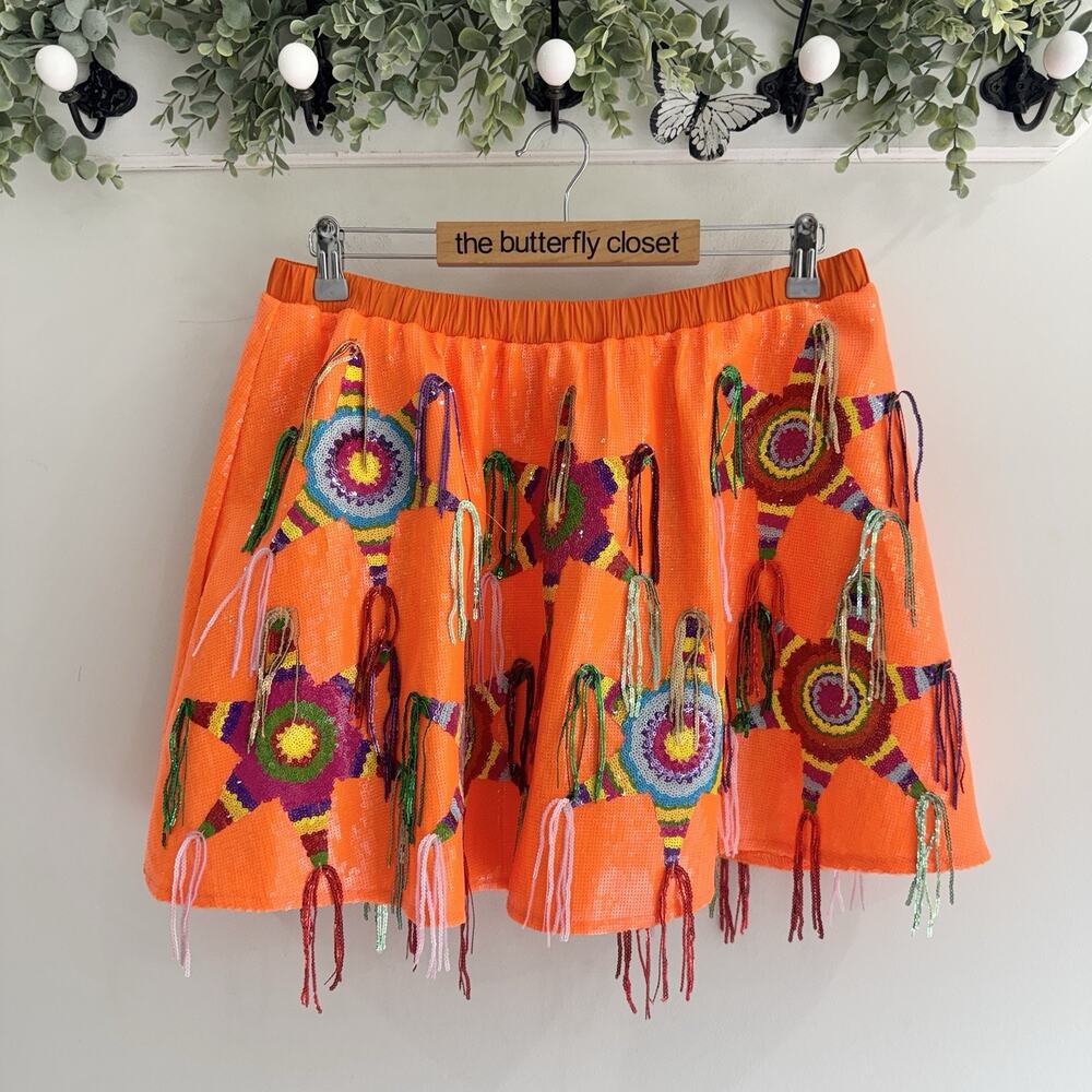 Queen of Sparkles Neon Orange Fully Sequined Piñata Mini Skirt Large New! JC